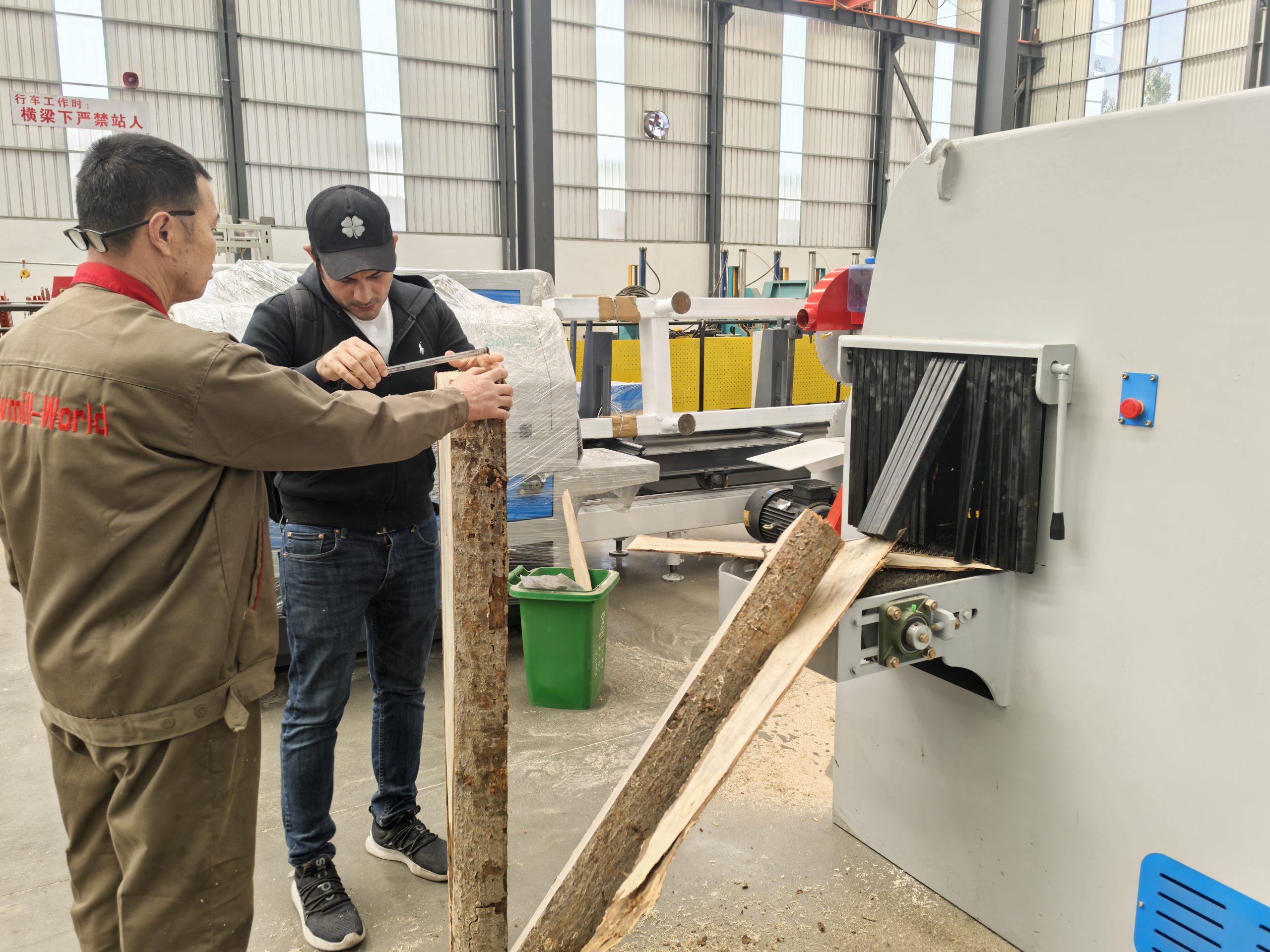High-precision log cutting multiple blade rip saw in operation at Sawmillworld factory.